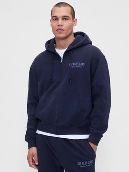 GAP - Men's Navy Blue Logo Zip-Front Oversized Hoodie