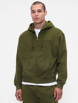 GAP - Men's Olive Logo Drop-Shoulder Zip-Front Hoodie