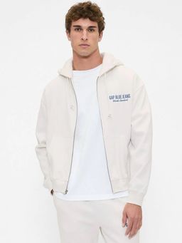 GAP - Men's White Logo Drop-Shoulder Zip-Front Hoodie