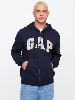 GAP - Men's Navy Blue Applique Logo Zip-Front Relaxed Fit Hoodie