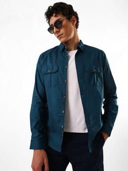 Dennis Lingo - Men's Navy Blue Solid Textured Spread Collar Casual Shirt