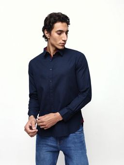 Dennis Lingo - Men's Navy Blue Striped Spread Collar Casual Shirt