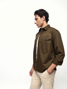 Dennis Lingo - Men's Olive Solid Spread Collar Relaxed Fit Casual Shirt