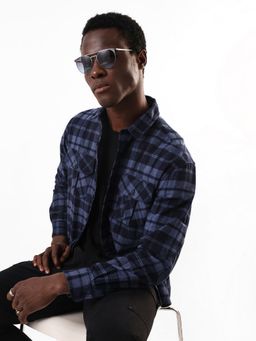 Dennis Lingo - Men's Navy Blue Flannel Checks Spread Collar Relaxed Fit Casual Shirt