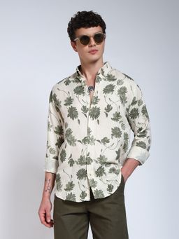 Perch - Cream and Green Printed Slim Fit Linen Cotton Shirt
