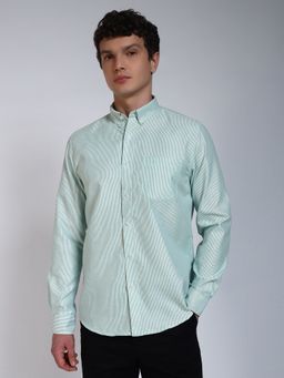 Perch - Aqua Green Striped Slim Fit Cotton Shirt