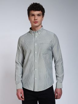 Perch - Bottle Green Striped Slim Fit Cotton Shirt