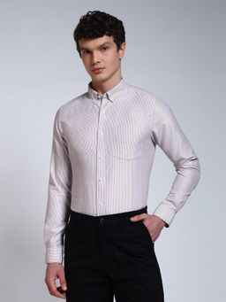 Perch - Brown Striped Slim Fit Cotton Shirt