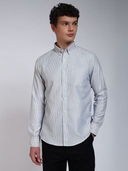Perch - Grey Striped Slim Fit Cotton Shirt