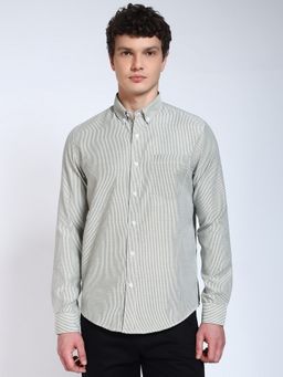Perch - Pista Green Striped Slim Fit Cotton Shirt
