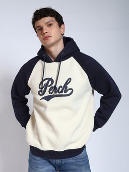 Perch - Navy Blue Colour Blocked Regular Fit Hoodie