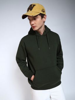 Perch - Olive Green Solid Regular Fit Hoodie