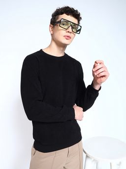 Perch - Men's Solid Textured Sweat Knit Pullover Black Sweater