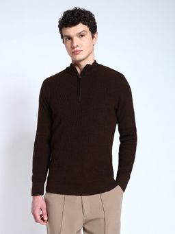 Perch - Men's Solid Ribbed Zip Top Pullover Brown Sweater