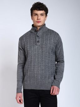 Perch - Textured Fur Collar Pullover Grey Sweater