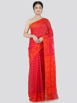 PinkLoom - Women's Soft Cotton Jamdani Saree Without Blouse Piece, Red