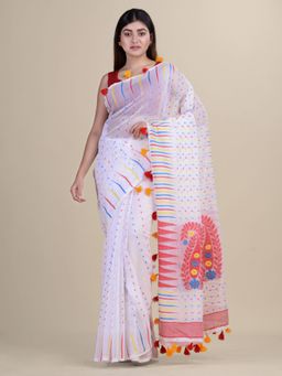 LAA CALCUTTA - White & Red Cotton Silk Handloom Saree Without Blouse Piece