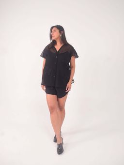 WHY SO BLUE - Nova Applique Cotton Net Black Shirt with Shorts and Slip (Set of 3)