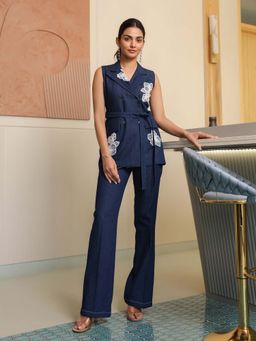 B'Infinite - Embroidered Denim Blue Coat with Pant and Belt (Set of 3)