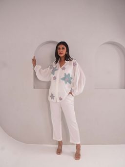 WHY SO BLUE - Dana Applique Modal White Blue Shirt with Pant and Slip (Set of 3)