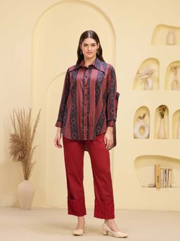 First Resort by Ramola Bachchan - Black And Red Stripe Shirt With Straight Trouser (Set of 2)