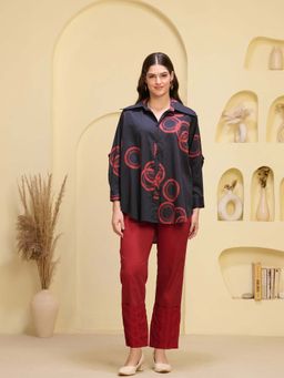 First Resort by Ramola Bachchan - Black And Red Print Shirt With Straight Trouser (Set of 2)