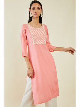 Soch - Women Peach Rayon Embroidered Kurta