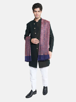 MUFFLY - Navy Blue Mens Fine Soft Ethnic Woven Wool Reversible Authentic Kashmiri Shawl