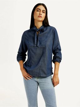 Levi's - Blue Viscose Tie Up Neck Full Sleeves Top