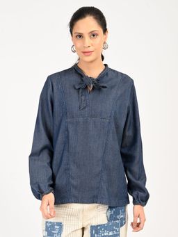 Levi's - Blue Cotton Blend Tie Up Neck Full Sleeves Top