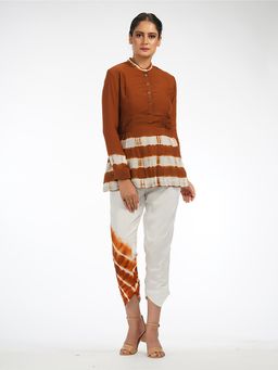 Shruti S - Rust Tie Dye Peplum Kurti With Pants (Set of 2)