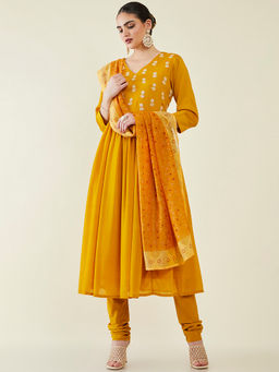 Soch - Women Mustard Chiffon Embroidered Suit Set (Set of 3)