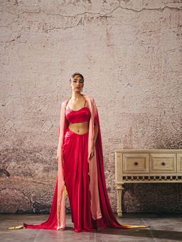 Masumi Mewawalla - Red Skirt with Bustier and Ombre Cape (Set of 3)