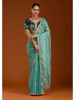 Koskii - Turquoise Cording Tissue Saree With Unstitched Blouse