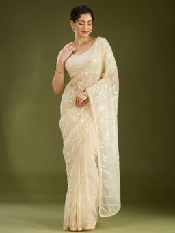 Koskii - Beige Pearlwork Organza Saree With Unstitched Blouse