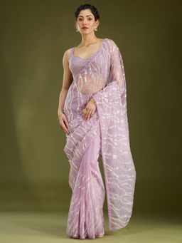 Koskii - Lavender Pearlwork Organza Saree With Unstitched Blouse