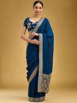 Koskii - Peacock Blue Zariwork Soft Raw Silk Saree With Unstitched Blouse