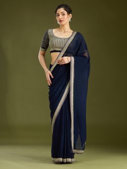 Koskii - Navy Blue Zariwork Georgette Saree With Unstitched Blouse