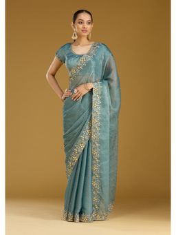 Koskii - Blue Zariwork Tissue Saree With Unstitched Blouse