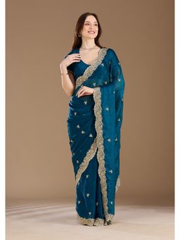 Koskii - Peacock Blue Zariwork Tissue Saree With Unstitched Blouse