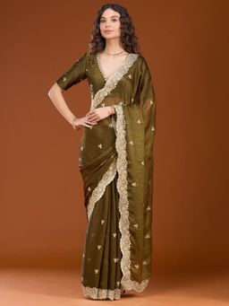 Koskii - Mehendi Zariwork Tissue Saree With Unstitched Blouse