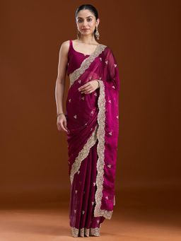 Koskii - Wine Zariwork Tissue Saree With Unstitched Blouse