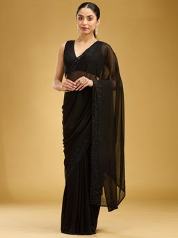 Koskii - Black Swarovski Georgette Saree With Unstitched Blouse