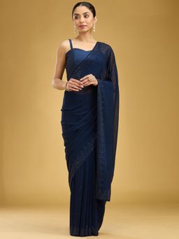 Koskii - Navy Blue Swarovski Georgette Saree With Unstitched Blouse