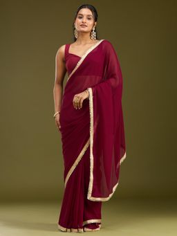 Koskii - Wine Mirrorwork Border Georgette Saree With Unstitched Blouse