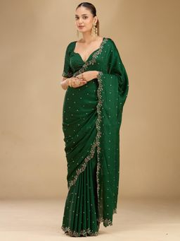 Koskii - Bottle Green Stonework Satin Saree With Unstitched Blouse