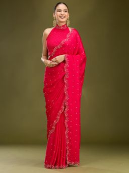 Koskii - Rani Pink Stonework Satin Saree With Unstitched Blouse