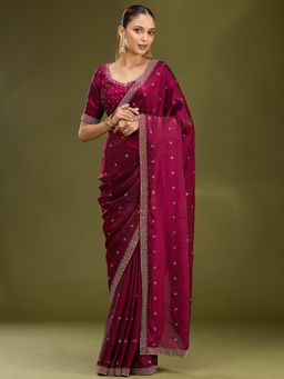 Koskii - Wine Stonework Satin Saree With Unstitched Blouse