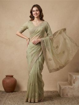 Koskii - Pista Green Stonework Tissue Saree With Unstitched Blouse