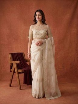 Koskii - Off White Stonework Tissue Saree With Unstitched Blouse